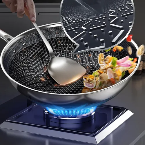 Miniatura 4 de Wok antiadherente de panal de abeja de 14 pulgadas de acero inoxidable con tapa, sartén con mango que se mantiene fresco, libre de PFOA, adecuado