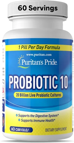 Puritan's Pride Probiótico 10 con vitamina D para ayudar a apoyar la salud del sistema inmunológico, cápsula, 60 unidades, blanco