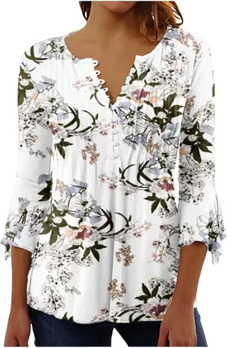 Miniatura 10 de Ceboyel Blusa tipo túnica con estampado floral para mujer, con botones, estilo Henley, con manga de codo, casual, trajes de moda para mujer