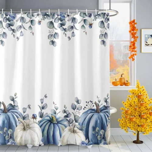 Miniatura 2 de Cortina de ducha de calabaza azul para baño, calabazas blancas, hojas verdes, cortinas de baño con ganchos, tela de poliéster impermeable, cortinas