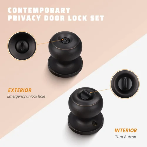 Miniatura 2 de KNOBWELL Pomos de puerta de privacidad, pomo de puerta de cama y baño con cerradura, pomos de puerta de bronce aceitado interior, pomo de puerta