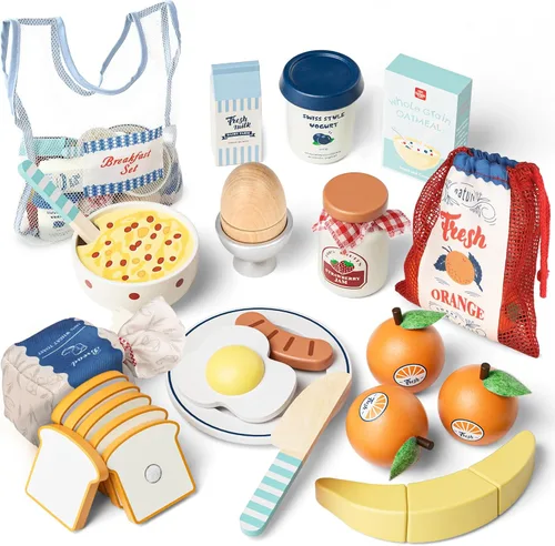 Lehoo Castle Juego de comida de madera para jugar, pan de huevo de fruta Montessori, juguetes educativos para niños de 3 a 5 años, con bolsa de