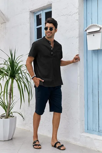 Miniatura 8 de Enjoybuy Men's Linen Henley Shirts Summer Beach Short Sleeve Loose Fit T Shirt Button Up Lightweight Casual Tops