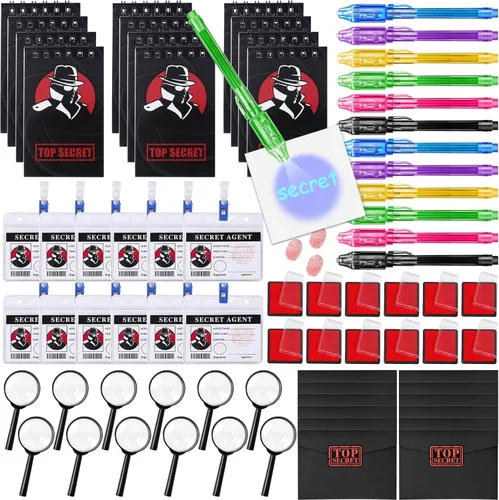 Winrayk Detective Party Favors Spy Suministros de cumpleaños Bolígrafo de tinta invisible Cuaderno secreto Etiqueta de nombre de agente secreto Lupa