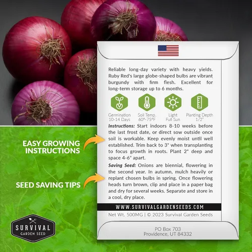 Miniatura 2 de Survival Garden Seeds Semillas de cebolla roja rubí para plantar, 1 paquete con instrucciones para cultivar cebollas en rodajas de un día largo