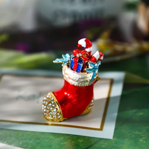 Miniatura 12 de YU FENG Cajas de adornos de Navidad con bisagras con diamantes de imitación con lazo y trompeta esmaltada decorativa