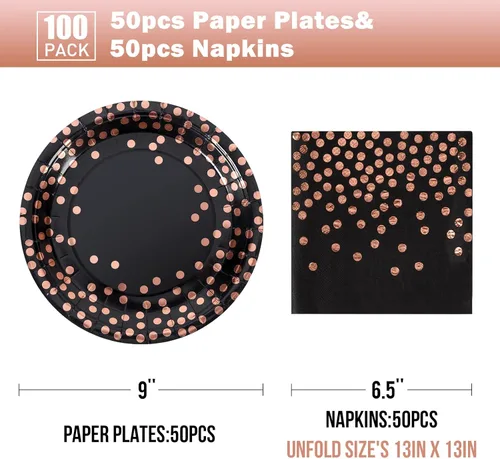 Miniatura 2 de Platos de papel negro y oro rosa, paquete de 100, platos llanos de 50 x 9 y servilletas de 50 x 6.5 pulgadas, platos de papel negro y servilletas