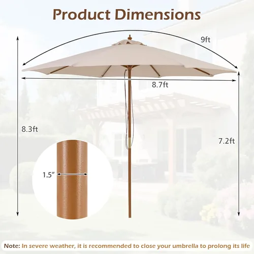 Miniatura 6 de Tangkula Sombrilla de patio de 9 pies, sombrilla de mercado de mesa al aire libre con 8 varillas de madera, 3 alturas ajustables, sistema de polea