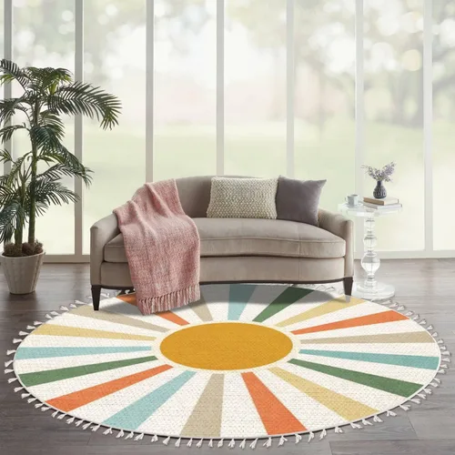 Miniatura 6 de Alfombra redonda bohemia para niños, dibujada a mano sin costuras con arco iris rosa pastel, alfombra de verano para bebé, alfombra de lino