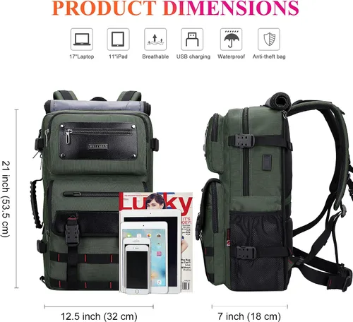 Miniatura 5 de Mochila de viaje para hombres WITZMAN con bolsa de lona, apta para portátil de 17 pulgadas, aprobada por aerolíneas (B685 Verde Ejército)
