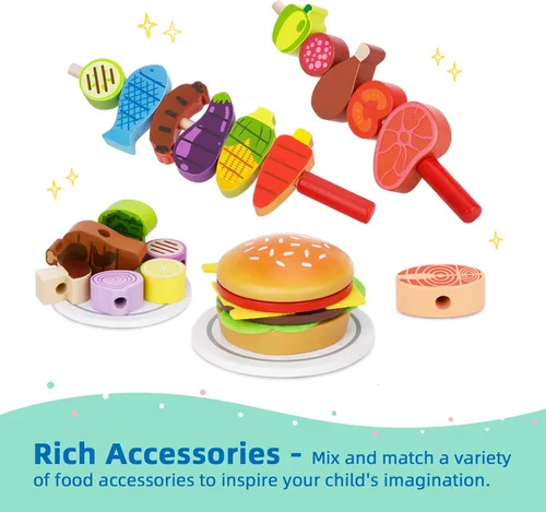 Miniatura 3 de OOOK Parrilla de juguete de barbacoa de madera, juego de parrilla para niños con alimentos de juguete y herramientas de parrilla, accesorios