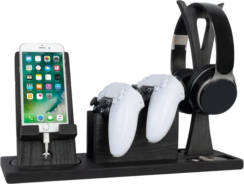 Regalo único para jugadores, decoración de sala de juegos. Organizador único de juegos con soporte para auriculares, soporte giratorio para teléfono