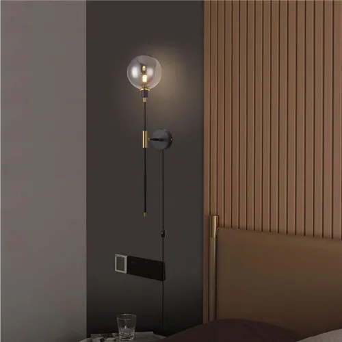 Miniatura 7 de KCO Apliques de pared con enchufe de 1 luz, cable de interruptor de encendido/apagado, lámpara de pared moderna negra con brazo largo de globo