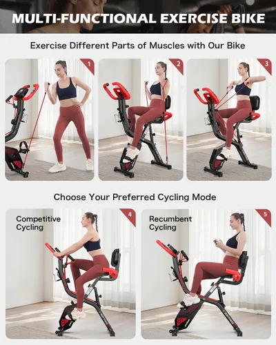 Miniatura 2 de pooboo - Bicicleta de ejercicio plegable, bicicleta estática vertical plegable, bicicleta magnética para interiores X-Bike con resistencia ajustable