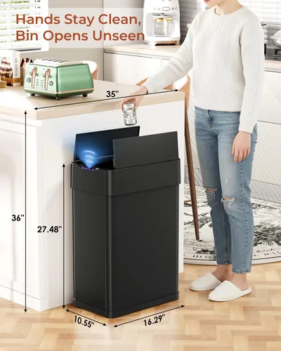 Miniatura 7 de TLSUNNY Basurero automático de 13.2 galones, de acero inoxidable, con sensor de movimiento, cubo de basura inteligente con tapa de mariposa, anillo