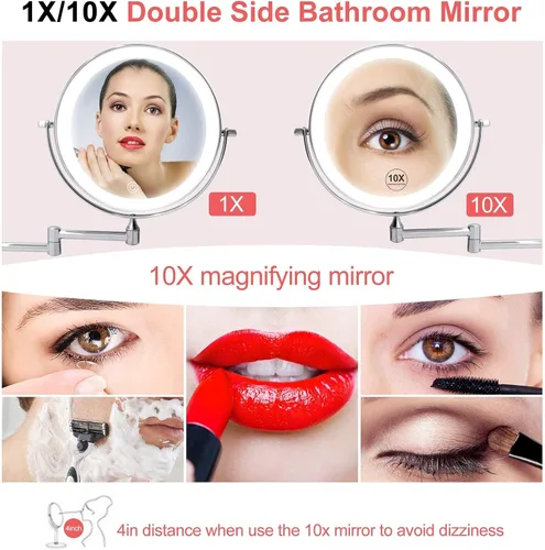 Miniatura 2 de Espejo de maquillaje LED con luces y aumento de 10 aumentos, espejo de tocador montado en la pared, redondo, de doble cara, con brazo extensible