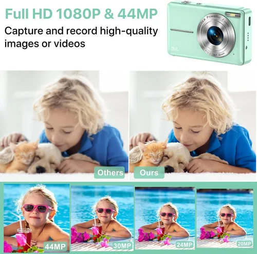 Miniatura 2 de Cámara digital FHD 1080P para niños, tarjeta SD de 32 GB, zoom 16X, punto y disparo compacto, portátil (verde)