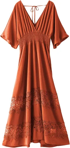 Vestido largo de encaje para mujer de manga corta y cuello en V, vestido de fiesta estilo bohemio con cintura fruncida, vestido bohemio para mujer