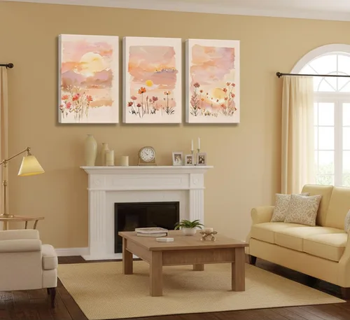 Miniatura 6 de 3 piezas de lienzo de amanecer para pared, flores silvestres rosas rubor, flores silvestres florales y naranjas, acuarela, pinturas de paisaje
