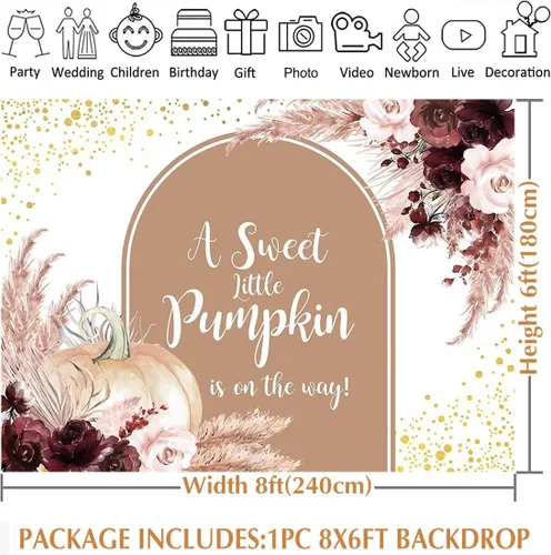 Miniatura 4 de Avezano Telón de fondo de calabaza para baby shower, estilo bohemio, pancarta de calabaza, otoño, Acción de Gracias, baby shower, 8 x 6 pies