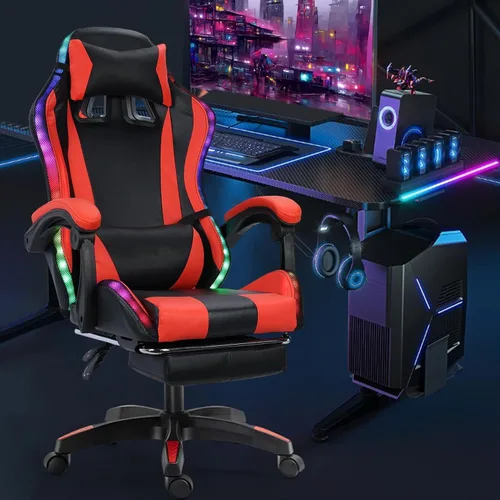 Miniatura 4 de Sillas de juegos para adultos, silla de computadora con reposapiés y respaldo alto ergonómico, luz LED, sillas giratorias de 360° en altura