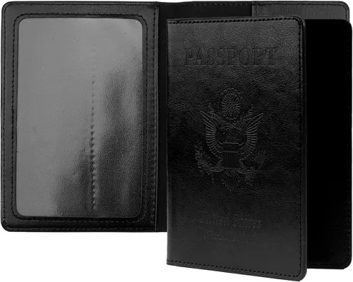 Funda de cuero para pasaporte - Cartera de pasaporte de viaje para mujeres y hombres, artículos esenciales para el aeropuerto con protector, Negro,