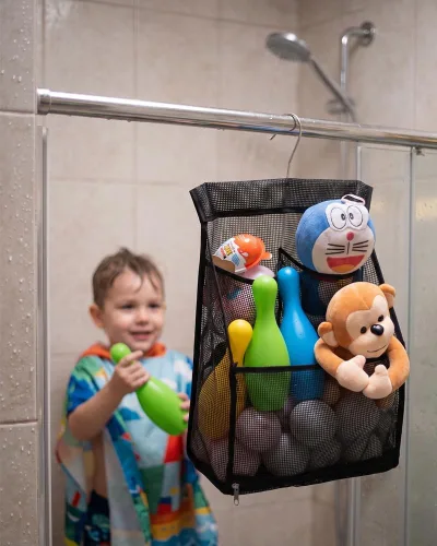 Miniatura 6 de ALYER Bolsa organizadora de juguetes de baño de malla colgante, organizador grande de almacenamiento para ducha con colgador duradero (negro)
