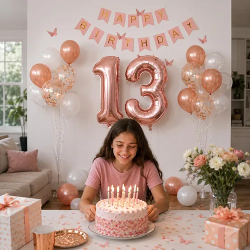 Miniatura 2 de 13th Birthday Decorations For Girls -Rose Gold Pearl White Balloons, 32 Inch Rose Gold "13" Balloon, 3D Butterflies Stickers, Happy Birthday Banner