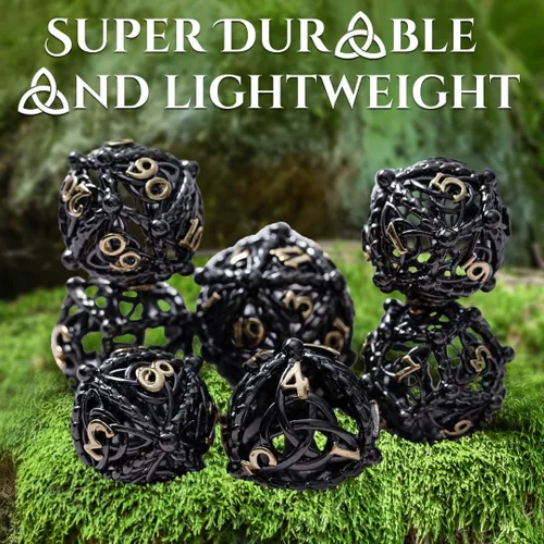 Miniatura 7 de Juego de dados de metal para DND – Diseño único de orbe hueco redondo para un mejor rodamiento – Hermoso juego de nudos celtas para juegos de rol