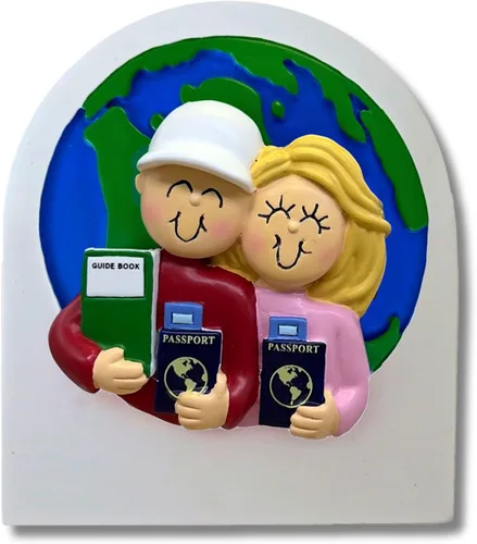 Miniatura 3 de Adorno personalizado en 3D con texto en inglés «Our First Christmas» 2025, adorno de viaje por el mundo, familia de 2 hombres y rubios para parejas