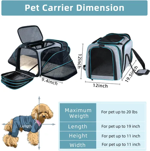 Miniatura 2 de Transportador de mascotas para gatos y perros aprobado por aerolíneas, expandible para mascotas pequeñas - Almohadilla extraíble, bolsillos, cumple
