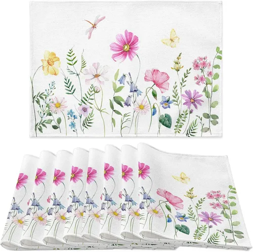 Miniatura 15 de Juego de 6 manteles individuales para primavera y verano, diseño floral, antideslizante, resistente al calor, tela de lino de algodón, cuadrados