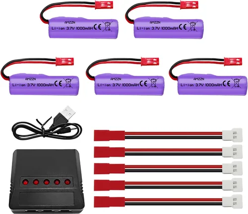 Batería de iones de litio de 3.7 V 1000 mAh con enchufe JST-2P y cargador de 1 a 5 para Huina 1337 1338 1516 1517 RC vehículo de ingeniería,