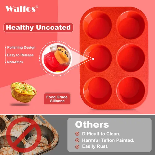 Miniatura 2 de Walfos - Molde de silicona para magdalenas de 6 tazas, molde antiadherente para cupcakes para hornear, de grado alimenticio y sin BPA, perfecto