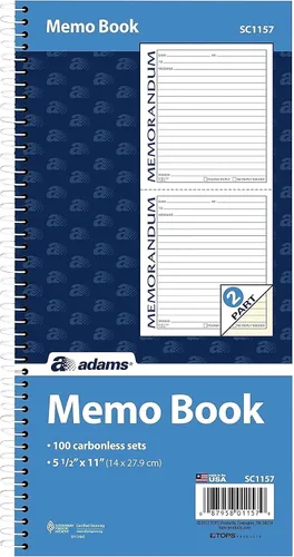 Adams Cuaderno de notas en espiral, 5.5 x 11 pulgadas, 2 partes, sin carbono, 2 notas por página, 50 páginas, blanco y canario (SC1157)
