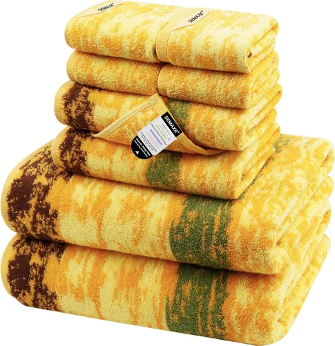 Miniatura 24 de SEMAXE - Juego de toallas de baño amarillas, 2 toallas de baño de lujo, 2 toallas de mano, 4 toallas faciales 100% algodón con bucles para colgar