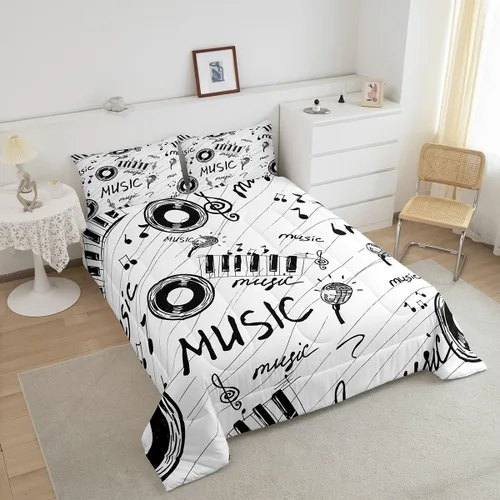 Miniatura 3 de Juego de edredón con temática musical, edredón de notas musicales en blanco y negro para niños y niñas, juego de ropa de cama musical