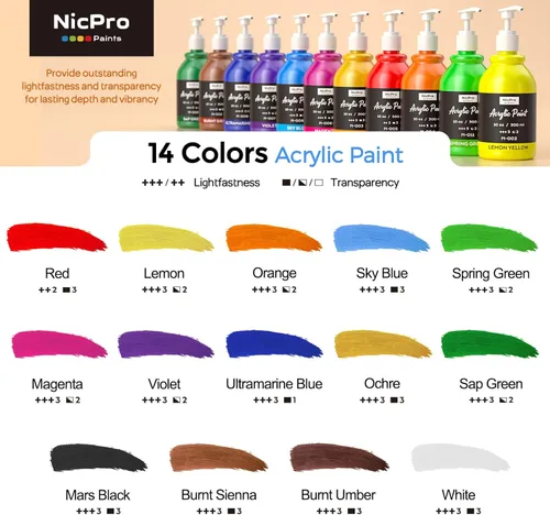 Miniatura 2 de Nicpro Juego de pintura acrílica de 14 colores (10 onzas/10.1 fl oz), kits de pinturas acrílicas grandes a granel con pigmentos ricos para artistas