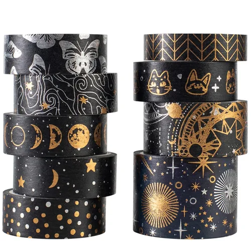Miniatura 10 de YUBBAEX Mystic Gold Washi Tape Set - Cinta adhesiva decorativa ancha de lámina plateada para artes, manualidades DIY, suministros para diarios