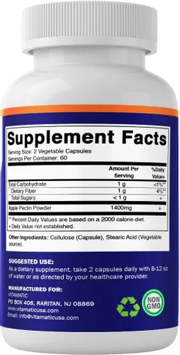 Miniatura 8 de Vitamatic Pectina de manzana 700 mg – 120 cápsulas vegetarianas por botella Suplemento de fibra dietética natural – Apoya la salud digestiva