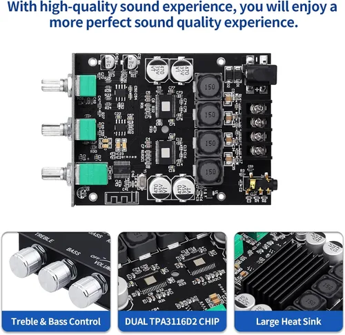Miniatura 3 de ZK-1002T PRO 2.0 Canal Bluetooth 5.0 Tarjeta Amplificadora 200W HiFi Subwoofer Audio AMP con Agudos y Bajos, Entradas BT USB y AUX, Módulo AMP