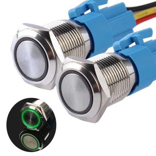 Miniatura 15 de Paquete de 2 interruptores de botón momentáneos de 0.63 pulgadas, 12 V-24 V, LED, impermeable, de metal, 1 NO 1 NC, con enchufe de cable