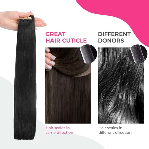 Miniatura 6 de Lashey Extensiones de cabello humano real con cinta, 3.53 oz/paquete, 40 unidades, color negro natural, lacio, de 18 pulgadas, cinta invisible