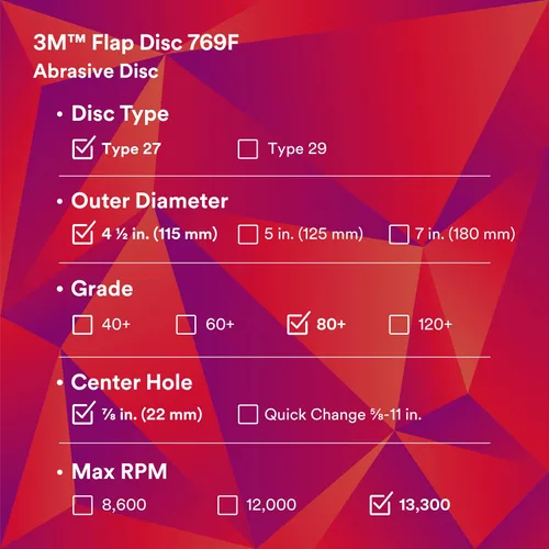 Miniatura 11 de 3M Disco de Solapa 769F, Tipo 27, 80+, 4-1/2 in x 7/8 in, Abrasivo de Alto Rendimiento, Disco de Rectificado y Acabado de Grano Cerámico
