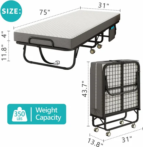 Miniatura 2 de Cama plegable con colchón para adultos, 75" x 31" cama rodante portátil tamaño catre, cama plegable de invitados con marco de metal con colchón