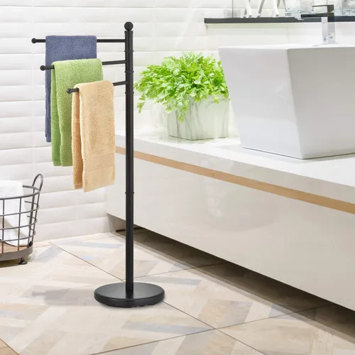 Miniatura 3 de MyGift Toallero de pie para baño, toallero independiente de 40 pulgadas con 3 brazos de barra giratorios, soporte de toalla colgante negro mate