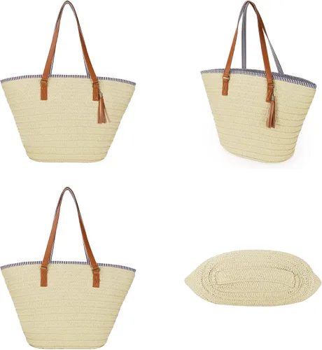Miniatura 3 de Bolso grande de paja para mujer, bolso de playa con borla para el verano