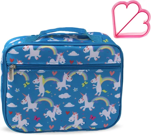 Miniatura 3 de Fiambrera térmica suave con aislamiento térmico, bolsa de comida para niños pequeños, preescolar, con cortador de sándwich en unicornios azules