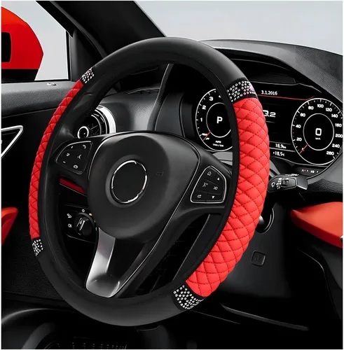 Miniatura 9 de Funda para volante de coche brillante, protector de volante de 15 pulgadas con diamantes de imitación de cuero suave, fundas de volante auto