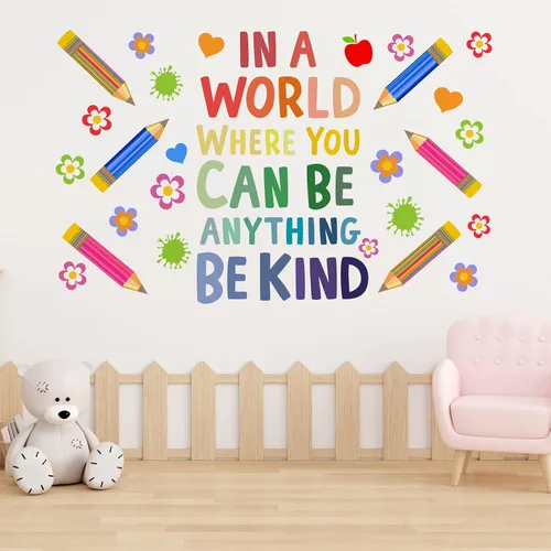Miniatura 5 de Calcomanías de pared motivacionales para niños, cita inspiradora "in A World Where You Can Be Anything Be Kind", calcomanías de pared de aula